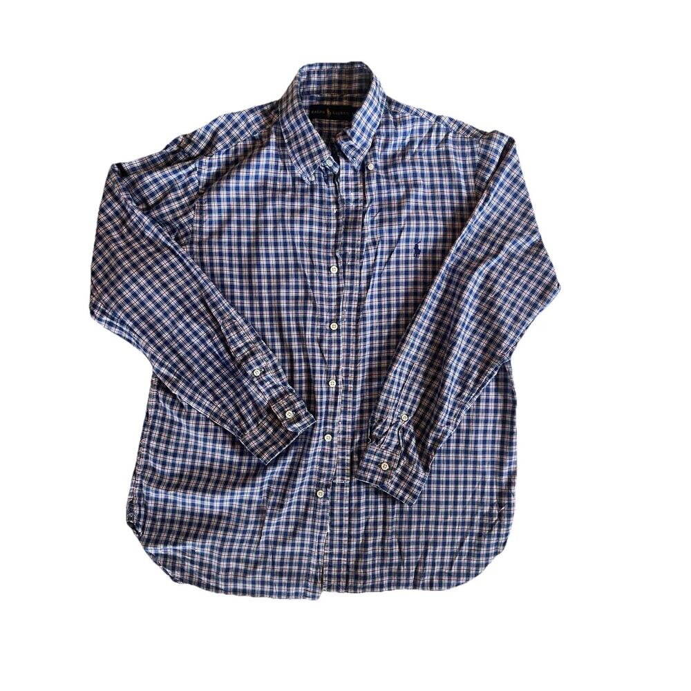 Ralph Lauren Shirt Men's L Long Sleeve Button Down Blue Plaid 100% Cotton Preppy